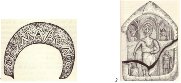 Fig. 1: Lunula in argento con dedica anonima a Mapono da Chesterholm; Fig. 2: Rilievo con Mapono  ritratto tra sole e luna da Chesterholm (ripr