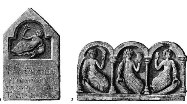 Fig.  1:  dedica  a  Coventina  da  Carrawburgh  (Brocolitia),  RIB,  I,  1534.  Fig.  2:  rilievo  con  rappresentazione triplice di Coventina