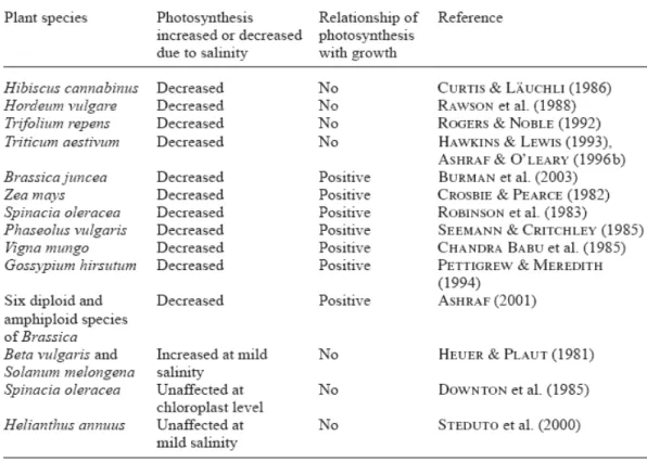 Table 1-3: Relationship of photosynthesis with growth of plants exposed to salinity  (Ashraf, 2004)