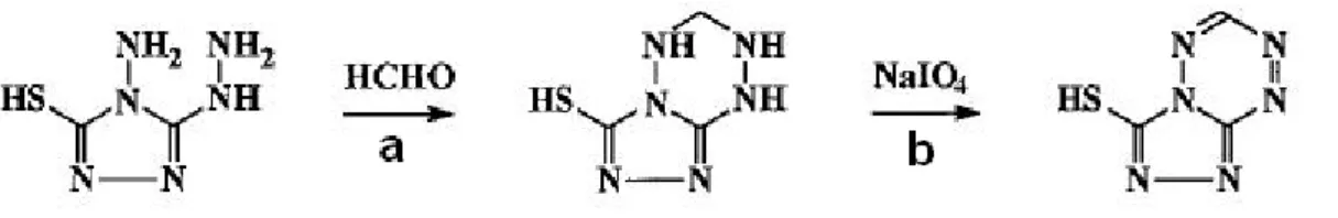 Figura 6.3: (a) reazione di ciclizzazione tra Purpald e formaldeide, (b)  il prodotto della ciclizzazione viene ossidato in presenza di anione  periodato per formare un composto che assorbe alla lunghezza d’onda  di 540 nm