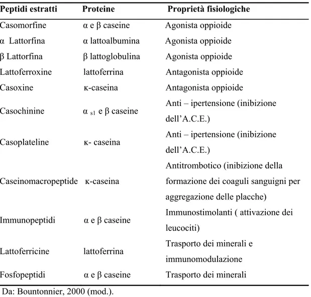 Tabella 3.   I principali peptidi bio – attivi estratti dalle proteine del latte. 