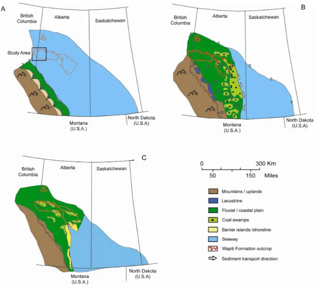 Figure 2: Schematic paleogeography during the deposition of the Wapiti and coeval successions in  western  Canada