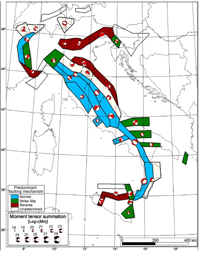 Fig. 6 Meccanismi di fagliazione associati alla zonazione sismogenetica ZS9 per l’elaborazione della  Mappa di Pericolosità Sismica Italiana MPS04 (Gruppo di Lavoro MPS, 2004; Meletti et al