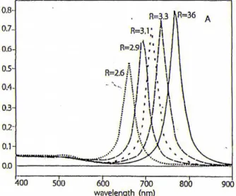 Figura 1.16 - Spettri teorici UV-Vis di rods di Au a “ratio” crescente ( ε  del mezzo = 2.05)