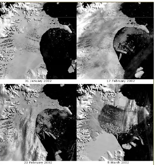 Figura 1.5: Larsen B Ice Shelf collapsing in Antarctica. Source: Moderate Resolution Imagin  Spectroradiometer (MODIS), NASA Terra satellite, National Snow and Ice data Canter, University of  Colorado [136] 