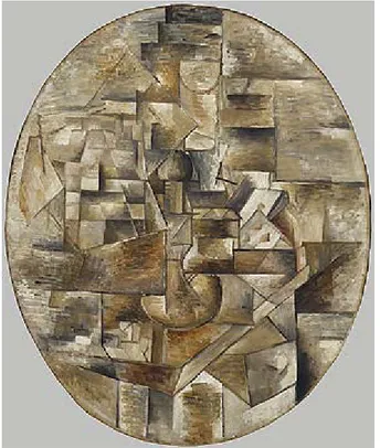 Fig. 4: Pablo Picasso, Bottle of Vieux Marc, Glass, Guitar and Newspaper, 1913,  collage e penna e inchiostro su carta blu, cm 46,7 x 62,5, Tate Gallery, London