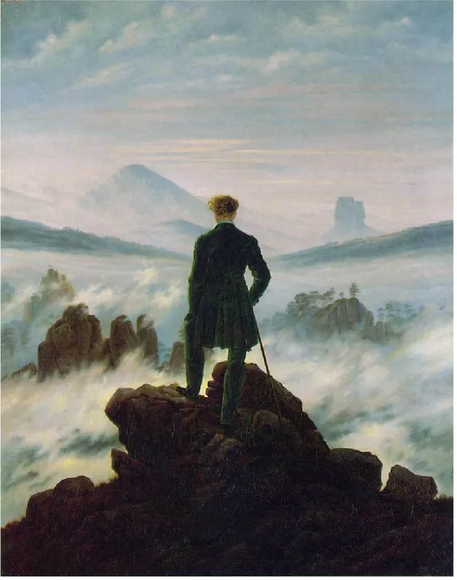 Fig. 1: Caspar David Friedrich, Viandante sul mare di nebbia, 1818, olio su  tela, cm 95 × 75, Amburgo, Kunsthalle 