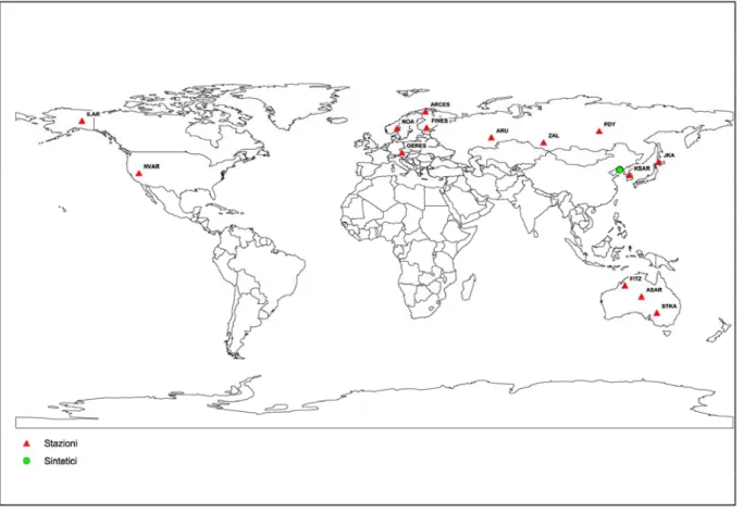 Fig. 3.3, I triangoli rossi rappresentano le stazioni dell’IMS considerate nelle prove, il pallino verde  individua la zona epicentrale in esame