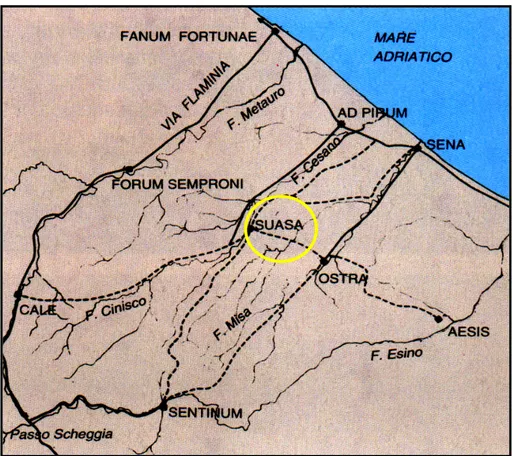 Fig. 15- La posizione di Suasa e la principale viabilità tra l’entroterra e la costa adriatica 