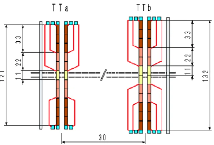 Figura 1.8: Vista schematica del sistema TT. I piani sono disposti a coppie (TTa e TTb) distanziate di 30 cm.