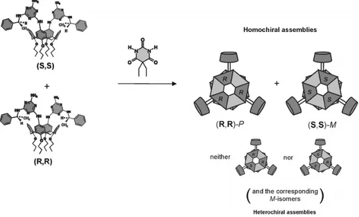 Figura 1.3.  Risoluzione spontanea di doppie rosette in soluzione da una soluzione racemica dei componenti   molecolari