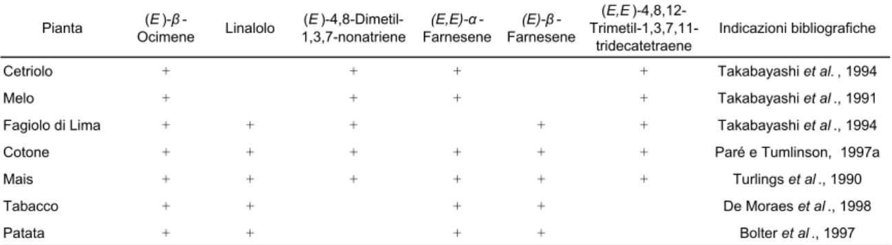 Tabella 1.2 Terpeni volatili rilasciati da diverse specie vegetali in risposta al danno com- com-piuto da insetti fitofagi (da Paré e Tumlinson, 1999)