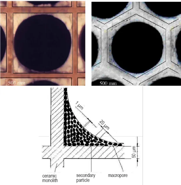 Fig. 2.32 Fotografie del monolite a struttura quadrata o esagonale e  rappresentazione grafica dello strato sottile di  γ -Al 2 O 3  [48]