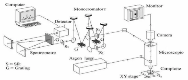 Figura 10: schema di uno spettrofotometro Raman dispersivo accoppiato ad un microscopio