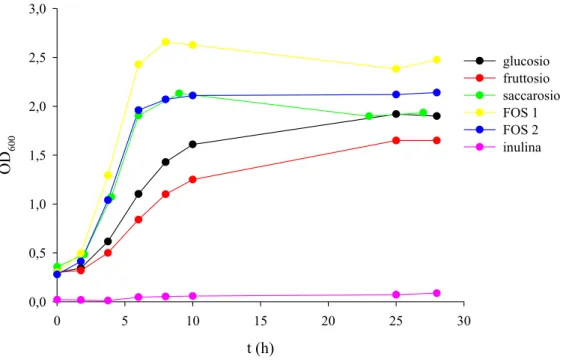 Fig. 28 Curve di crescita di B. adolescentis MB 239 su diversi fruttosidi prebiotici e rispettivi  componenti mono- e dicaccaridici