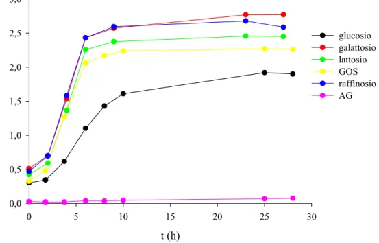 Fig. 29 Curve di crescita di B. adolescentis MB 239 su diversi galattosidi prebiotici e  rispettivi componenti mono- e dicaccaridici