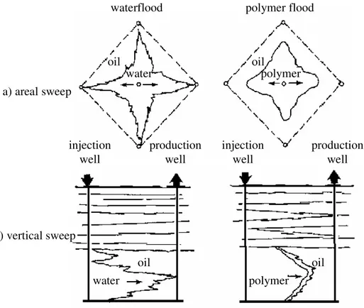 Fig. 3.5: The sweep efficiency by polymer flooding: a) areal and b) vertical. 