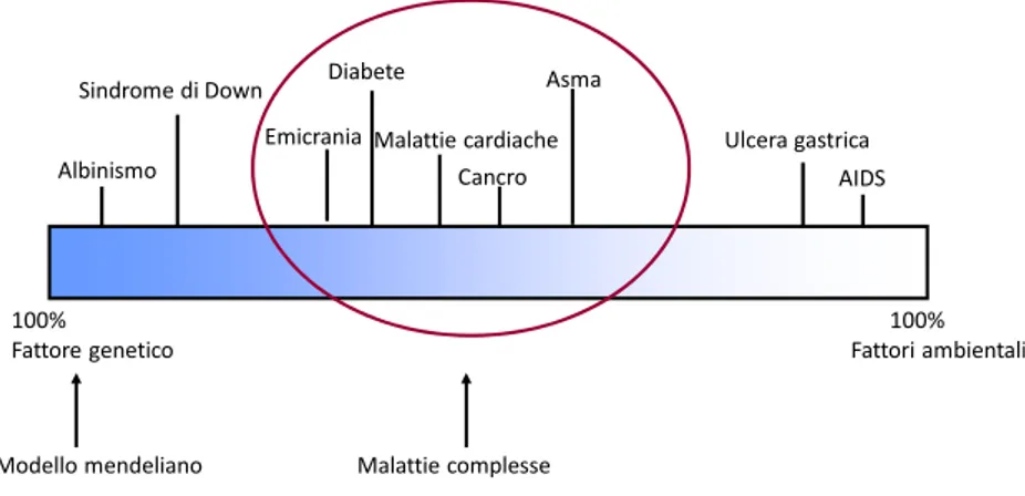 Figura 1: rapporto tra ambiente e fattori genetici nella patogenesi delle malattie. 
