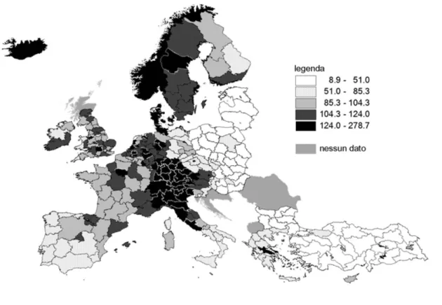 Figura 1.1  PIL procapite in PPA delle Regioni Europee EU27=100, anno 1995
