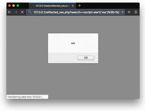 Fig. 2.2: Example of a search engine vulnerable to reflected XSS displaying a JavaScript alert