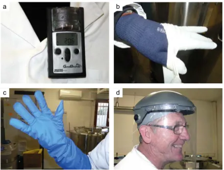 Fig. 2. Equipment for safe handling of liquid nitrogen: (a) individual oxygen  detector, (b) knitted gloves, (c) cryogenic gloves, and (d) face shield.