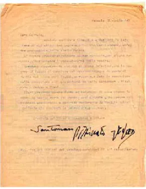 Fig. 15. Lettera di Armando Pizzinato, Giuseppe  Santomaso e Emilio Vedova a Stefano Cairola del 7 aprile  1947, conservata nel Fondo «Armando Pizzinato» del  CISVe.
