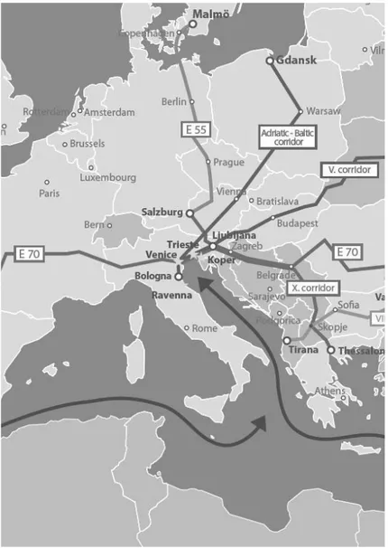 Figura 3. La posizione centrale del Napa lungo i corridoi Europei (fonte: Napa  2013).