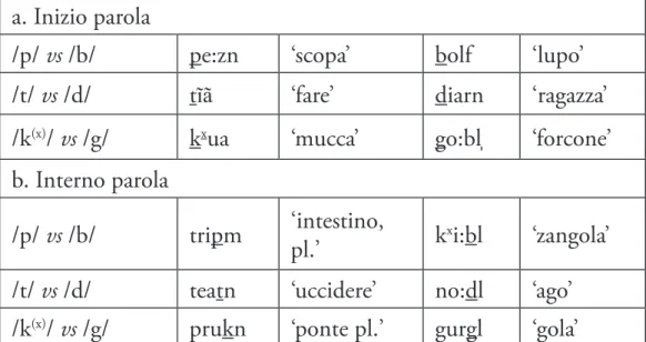 Tabella 1. Contrasto fra plosive sorde e sonore in mòcheno (varietà  di Palù): inizio/interno parola.