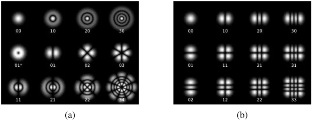 Figure 2-3: Transverse modes of a laser beam in a cylindrical (a) or a rectangular (b) cavity.