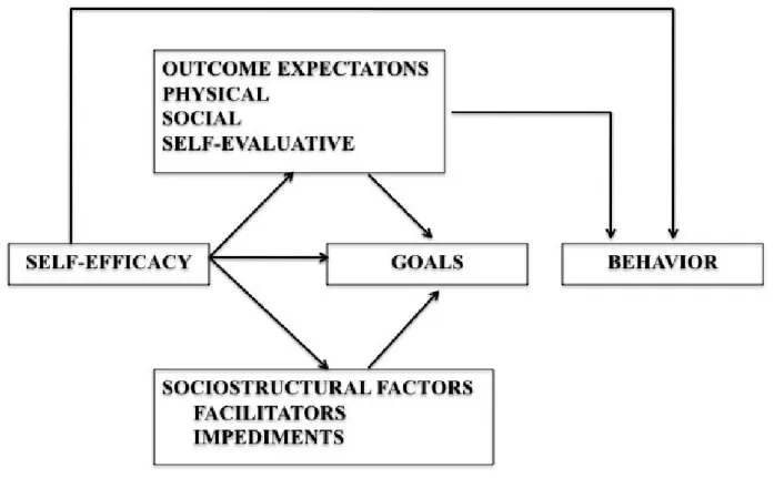 Figura  3    Le  credenze  di  auto-efficacia  influenzano  i  comportamenti  di  salute  sia  direttamente  sia  attraverso  il  loro  impatto  sugli  obiettivi,  sulle  aspettative  di  risultato  e  sulla percezione di facilitatori e impedimenti