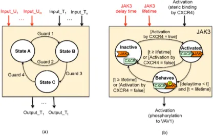 Fig. 2. The protein behavior representation through Finite State Machines. The pro- pro-tein template (a), and the JAK3 example