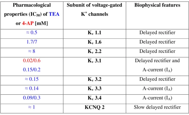 Table 2.  Functional properties of voltage-activated K +  channels blocked by TEA (blue) and 4-AP (red)  in the range of concentrations used in our experiments (from Coetzee et al., Ann NY Acad Sci, 1999)