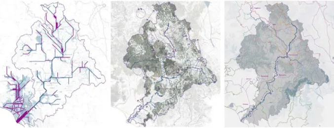 Figura 3 | I tre scenari per l’Ombrone. Da sinistra: rischio e infrastrutture; qualità ambientale e ecosistemica; fluibilità e sviluppo  locale