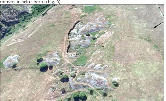 Fig. 6 - Distretto di Acquafredda (Roccamorice), settore nord-est. L’ortofoto, visualizzata in 3D, mostra  uno dei fronti di cava, il piazzale antistante, cumuli di rocce frantumate e materiali di scarto
