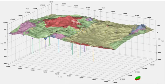 Figure  2.  3D  view  of  geological  map  spread  on  DEM  (digital  elevation  model)  of  the   Mt