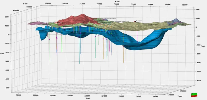 Figure 6. 3D view of geological map spread on DEM and of the horizon corresponding to  the  top  of  the  first  geothermal  reservoir  in  the  Mt  Amiata  area  (vertical  dimension  is  exaggerated by factor of 2)
