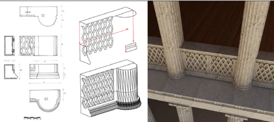 Fig. 3 – 3D models derived from 2D drawings (on the left, 2D drawings by A. Abate and O.S