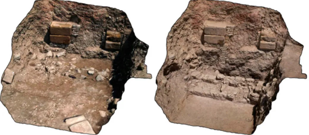 Fig. 7 – Central part of the North stoa: reality-based model before (left) and after the removal of  the layer of collapse.