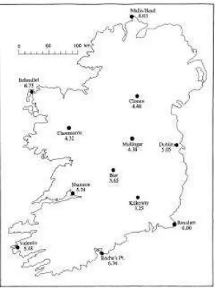 Figure 8: Irish map. The points are the locations where the wind speed data are recorded.
