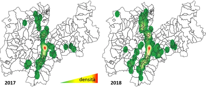 Figura 1. Diffusione e densità di popolazione della cimice asiatica in Provincia di Trento durante il periodo 2017- 2017-2018