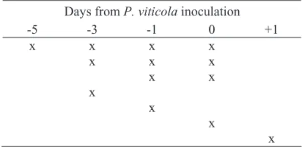 Tab. 1. Application times (days prior and after P. viticola inoculation) of A. alternata culture broth on grapevine leaves