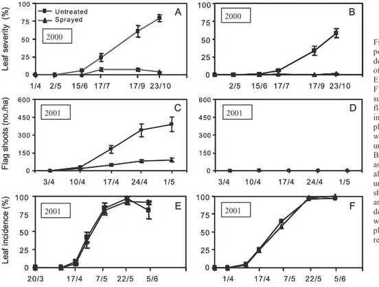 Fig. 1. The effect of  powdery mildew  development on the leaves  of cv. Carignane (A, C and  E) and Cabernet (B, D and  F) vines in 2000 and the  subsequent intensity of  flag shoots and leaf disease  in 2001