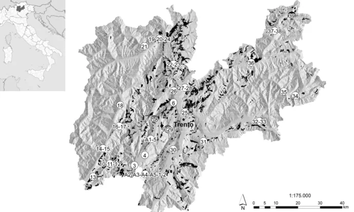 Figure 1. Distribution map of L. occidentalis in the main Trentino valleys. The chart shows the pine stands (in black)  present in the region, the surveyed sites (numbers) and the study areas (letters)