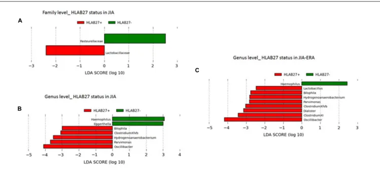 FIGURE 2 | Differences in bacterial taxa related to HLA-B27 status. LEfSe analysis shows a statistically significant enrichment of (A) families, and (B,C) genera, in (A,B) all JIA patients and in (C) JIA-ERA patients, considering the HLA-B27 status
