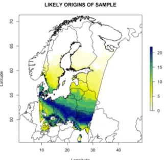 Figure 71: Assignment to the most likely geographic  origin for 20 Tree Pipits sampled at Bocca di Caset