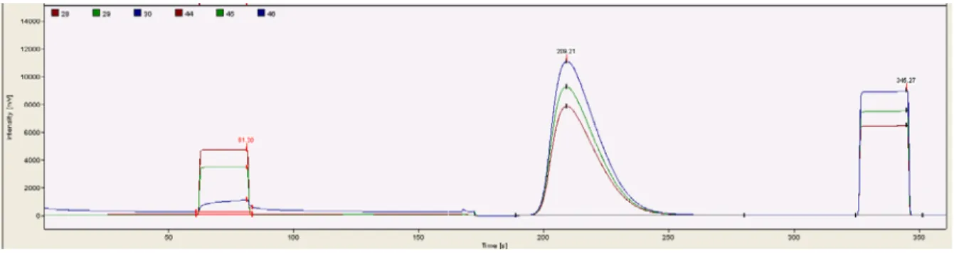 Figure S1. EA-IRMS chromatogram of a vanillin standard for carbon. The red trace refers  to carbon isotope 44, the green trace refers to carbon isotope 45 and the blue trace refers  to carbon isotope 46