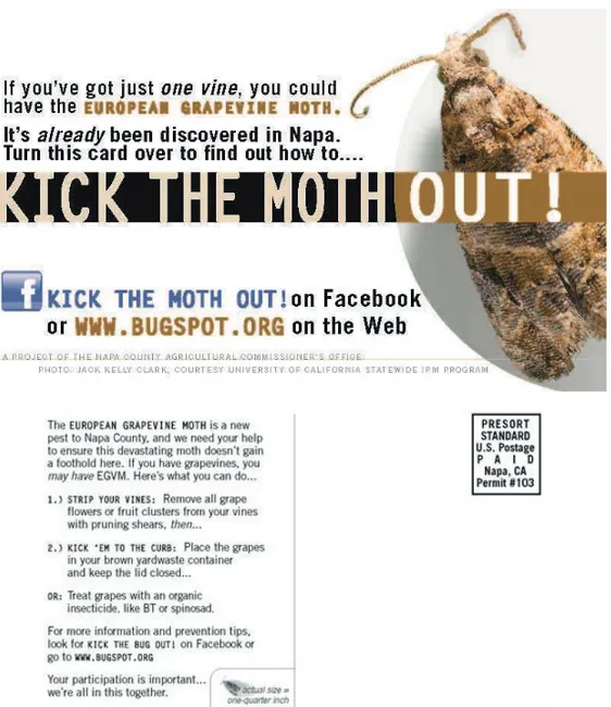 Figure 4. The European grapevine moth (EGVM)  eradication outreach as a postcard from  Napa County Agricultural Commissioner’s office (used with permission of Napa County)