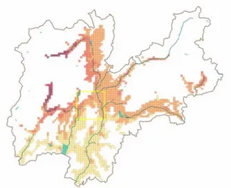 Figura 2. Rappresentazione grafica dei livelli medi di ozono stimati dalla modellistica per le celle 1x1  km presenti in Trentino sotto i 1000 m s.l.m.; il riquadro giallo delimita l’area di studio di 15x15 km
