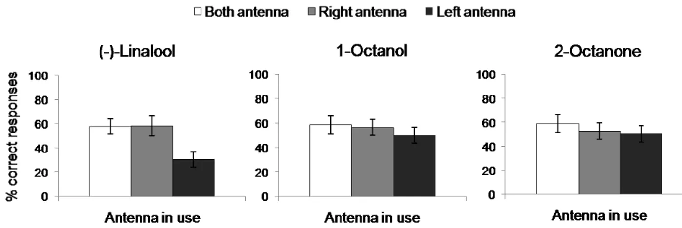 Fig. 3.1.4 Mean ± SEM of correct responses of Apis mellifera foragers (N=194) in the recall of  olfactory memory 1h after training to associate (-)-linalool, 1-octanol, or 2-octanone with sugar  rewards