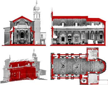 Figure  2:  Church  of  Surcinesco:  view  of  the  pointclound  (interior in red, exterior in grey) and the outcomes of  the survey